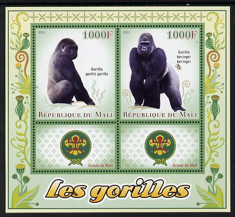 Mali 2013 Gorillas perf sheetlet containing two values & two labels showing Scouts Badge unmounted mint, stamps on animals, stamps on gorillas, stamps on apes, stamps on scouts
