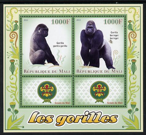 Mali 2013 Gorillas perf sheetlet containing two values & two labels showing Scouts Badge unmounted mint, stamps on animals, stamps on gorillas, stamps on apes, stamps on scouts