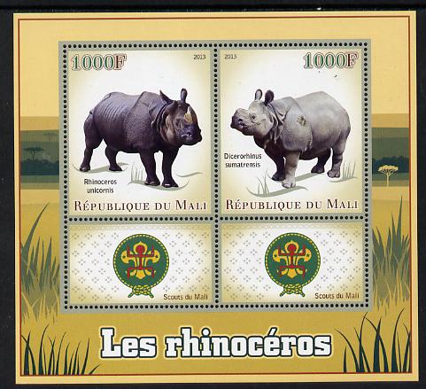 Mali 2013 Rhinos perf sheetlet containing two values & two labels showing Scouts Badge unmounted mint, stamps on , stamps on  stamps on animals, stamps on  stamps on rhinos, stamps on  stamps on scouts