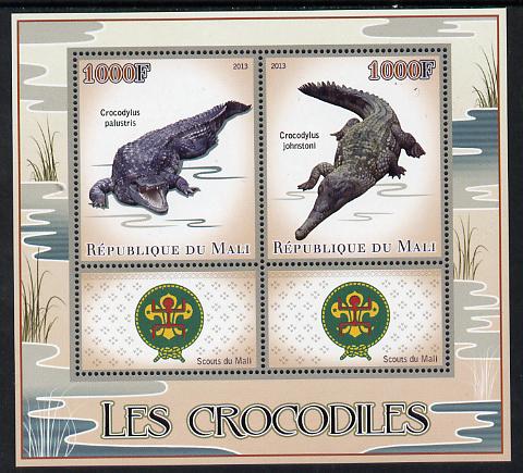 Mali 2013 Crocodiles perf sheetlet containing two values & two labels showing Scouts Badge unmounted mint, stamps on animals, stamps on scouts, stamps on reptiles, stamps on crocodiles