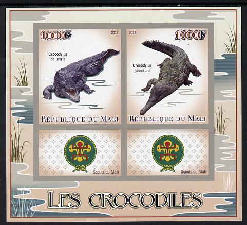 Mali 2013 Crocodiles imperf sheetlet containing two values & two labels showing Scouts Badge unmounted mint, stamps on animals, stamps on scouts, stamps on reptiles, stamps on crocodiles