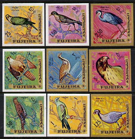 Fujeira 1969 Birds imperf set of 9 unmounted mint (Mi 356-64B) , stamps on birds     cuckoo     buzzard     falcon    birds of prey    heron     dove     thrush     