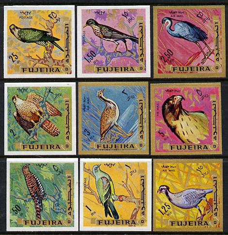 Fujeira 1969 Birds imperf set of 9 unmounted mint (Mi 356-64B) , stamps on , stamps on  stamps on birds     cuckoo     buzzard     falcon    birds of prey    heron     dove     thrush     