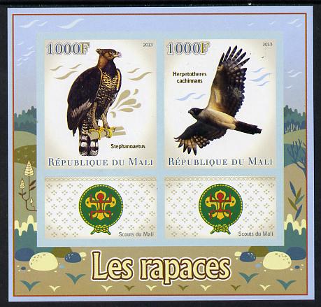 Mali 2013 Birds of Prey imperf sheetlet containing two values & two labels showing Scouts Badge unmounted mint, stamps on , stamps on  stamps on scouts, stamps on  stamps on birds, stamps on  stamps on birds of prey