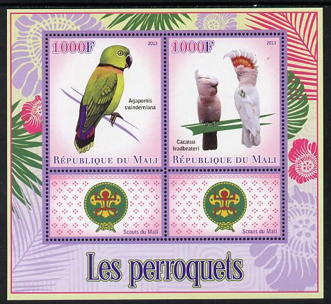 Mali 2013 Parrots perf sheetlet containing two values & two labels showing Scouts Badge unmounted mint, stamps on scouts, stamps on birds, stamps on parrots