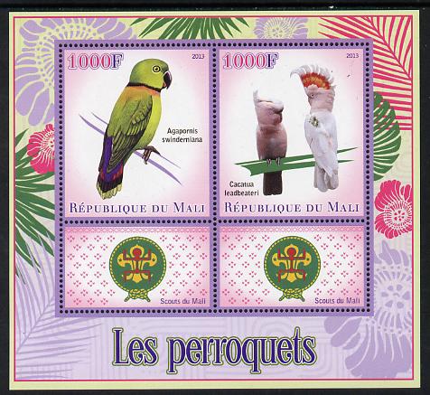 Mali 2013 Parrots perf sheetlet containing two values & two labels showing Scouts Badge unmounted mint, stamps on , stamps on  stamps on scouts, stamps on  stamps on birds, stamps on  stamps on parrots