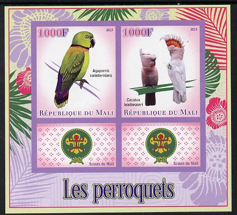 Mali 2013 Parrots imperf sheetlet containing two values & two labels showing Scouts Badge unmounted mint, stamps on , stamps on  stamps on scouts, stamps on  stamps on birds, stamps on  stamps on parrots