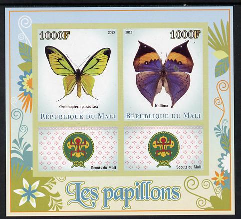 Mali 2013 Butterflies imperf sheetlet containing two values & two labels showing Scouts Badge unmounted mint, stamps on scouts, stamps on butterflies