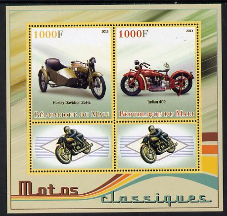 Mali 2013 Classic Motorcycles perf sheetlet containing two values & two labels unmounted mint, stamps on transport, stamps on motorbikes