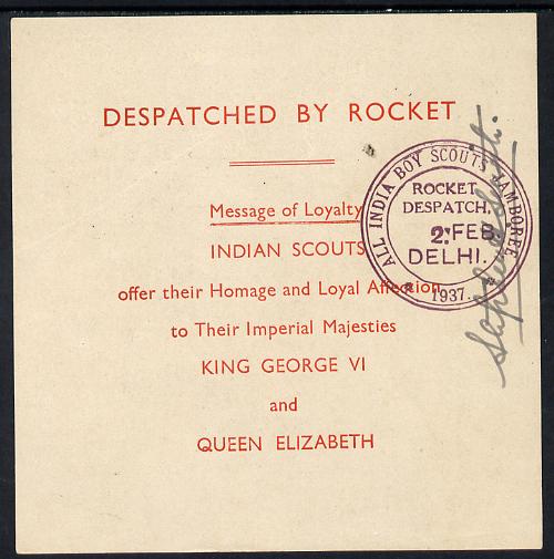 India 1937 Rocket Mail Loyalty greeting from Indian Scouts with Rocket Despratch cachet and signed, stamps on , stamps on  stamps on scouts, stamps on  stamps on rockets