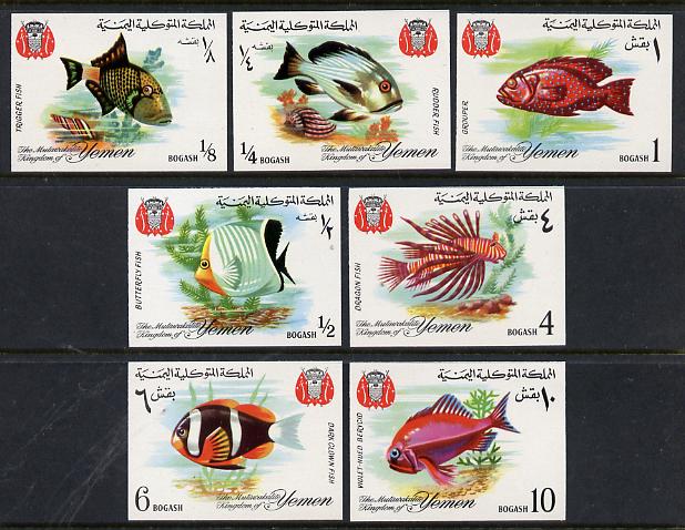 Yemen - Royalist 1967 Fish 'Postage' imperf set of 7 unmounted mint (as SG R216-22) Mi 323-29B, stamps on fish     marine-life