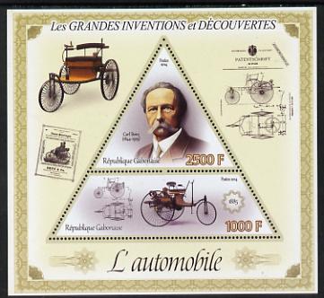 Gabon 2014 Great Inventions & Discoveries - Cars perf sheetlet containing two values (triangular & trapezoidal shaped) unmounted mint, stamps on shaped, stamps on triangular, stamps on triangle, stamps on cars, stamps on benz