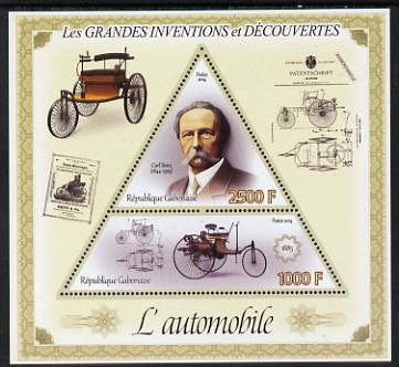 Gabon 2014 Great Inventions & Discoveries - Cars perf sheetlet containing two values (triangular & trapezoidal shaped) unmounted mint, stamps on , stamps on  stamps on shaped, stamps on  stamps on triangular, stamps on  stamps on triangle, stamps on  stamps on cars, stamps on  stamps on benz