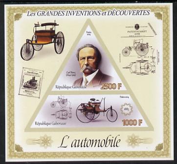 Gabon 2014 Great Inventions & Discoveries - Cars imperf sheetlet containing two values (triangular & trapezoidal shaped) unmounted mint, stamps on , stamps on  stamps on shaped, stamps on  stamps on triangular, stamps on  stamps on triangle, stamps on  stamps on cars, stamps on  stamps on benz