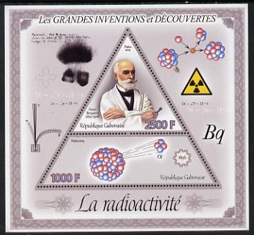 Gabon 2014 Great Inventions & Discoveries - Radioactivity perf sheetlet containing two values (triangular & trapezoidal shaped) unmounted mint, stamps on , stamps on  stamps on shaped, stamps on  stamps on triangular, stamps on  stamps on triangle, stamps on  stamps on science, stamps on  stamps on atomics, stamps on  stamps on 