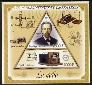 Gabon 2014 Great Inventions & Discoveries - Radio perf sheetlet containing two values (triangular & trapezoidal shaped) unmounted mint, stamps on , stamps on  stamps on shaped, stamps on  stamps on triangular, stamps on  stamps on triangle, stamps on  stamps on science, stamps on  stamps on radio