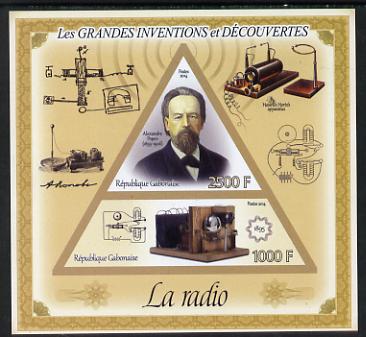 Gabon 2014 Great Inventions & Discoveries - Radio imperf sheetlet containing two values (triangular & trapezoidal shaped) unmounted mint, stamps on , stamps on  stamps on shaped, stamps on  stamps on triangular, stamps on  stamps on triangle, stamps on  stamps on science, stamps on  stamps on radio