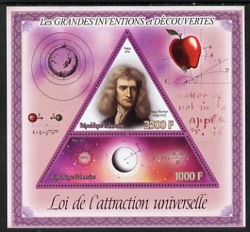 Gabon 2014 Great Inventions & Discoveries - Newton's Law of Universal Attraction perf sheetlet containing two values (triangular & trapezoidal shaped) unmounted mint, stamps on shaped, stamps on triangular, stamps on triangle, stamps on science, stamps on newton, stamps on space, stamps on 