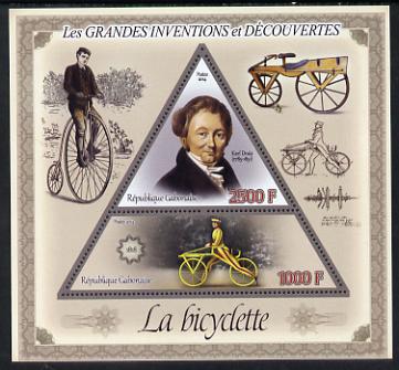 Gabon 2014 Great Inventions & Discoveries - The Bicycle perf sheetlet containing two values (triangular & trapezoidal shaped) unmounted mint, stamps on , stamps on  stamps on shaped, stamps on  stamps on triangular, stamps on  stamps on triangle, stamps on  stamps on bicycle