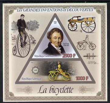 Gabon 2014 Great Inventions & Discoveries - The Bicycle imperf sheetlet containing two values (triangular & trapezoidal shaped) unmounted mint, stamps on shaped, stamps on triangular, stamps on triangle, stamps on bicycle