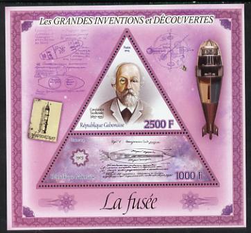 Gabon 2014 Great Inventions & Discoveries - The Rocket perf sheetlet containing two values (triangular & trapezoidal shaped) unmounted mint, stamps on , stamps on  stamps on shaped, stamps on  stamps on triangular, stamps on  stamps on triangle, stamps on  stamps on rockets, stamps on  stamps on space