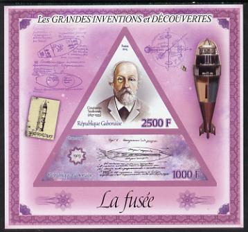 Gabon 2014 Great Inventions & Discoveries - The Rocket imperf sheetlet containing two values (triangular & trapezoidal shaped) unmounted mint, stamps on , stamps on  stamps on shaped, stamps on  stamps on triangular, stamps on  stamps on triangle, stamps on  stamps on rockets, stamps on  stamps on space