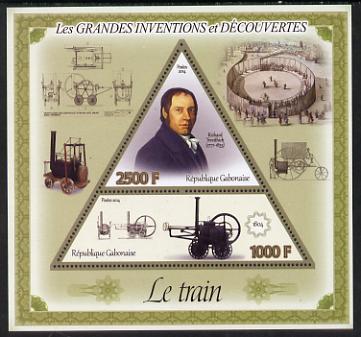 Gabon 2014 Great Inventions & Discoveries - Railway Locomotive perf sheetlet containing two values (triangular & trapezoidal shaped) unmounted mint, stamps on , stamps on  stamps on shaped, stamps on  stamps on triangular, stamps on  stamps on triangle, stamps on  stamps on railways