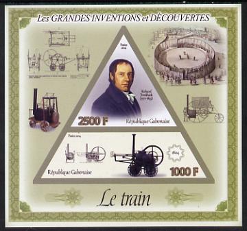 Gabon 2014 Great Inventions & Discoveries - Railway Locomotive imperf sheetlet containing two values (triangular & trapezoidal shaped) unmounted mint, stamps on , stamps on  stamps on shaped, stamps on  stamps on triangular, stamps on  stamps on triangle, stamps on  stamps on railways