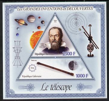 Gabon 2014 Great Inventions & Discoveries - Galileo & the Telescope perf sheetlet containing two values (triangular & trapezoidal shaped) unmounted mint, stamps on , stamps on  stamps on shaped, stamps on  stamps on triangular, stamps on  stamps on triangle, stamps on  stamps on personalities, stamps on  stamps on telescopes, stamps on  stamps on space, stamps on  stamps on galileo, stamps on  stamps on planets