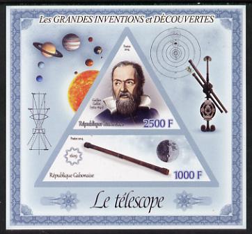 Gabon 2014 Great Inventions & Discoveries - Galileo & the Telescope imperf sheetlet containing two values (triangular & trapezoidal shaped) unmounted mint, stamps on , stamps on  stamps on shaped, stamps on  stamps on triangular, stamps on  stamps on triangle, stamps on  stamps on personalities, stamps on  stamps on telescopes, stamps on  stamps on space, stamps on  stamps on galileo, stamps on  stamps on planets