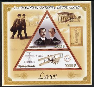 Gabon 2014 Great Inventions & Discoveries - The Wright Brothers & the Aeroplane perf sheetlet containing two values (triangular & trapezoidal shaped) unmounted mint, stamps on , stamps on  stamps on shaped, stamps on  stamps on triangular, stamps on  stamps on triangle, stamps on  stamps on personalities, stamps on  stamps on aviation