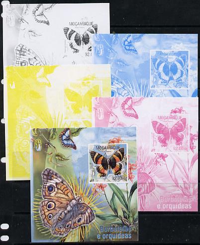 Mozambique 2013 Butterflies #2 - the set of 5 imperf progressive proofs comprising the 4 individual colours plus all 4-colour composite, unmounted mint , stamps on butterflies
