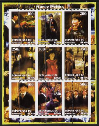 Benin 2002 Harry Potter perf sheetlet containing 9 values unmounted mint with vertical perforations dramatically misplaced by 10mm. Note this item is privately produced and is offered purely on its thematic appeal, it has no postal validity, stamps on , stamps on  stamps on films, stamps on  stamps on movies, stamps on  stamps on literature, stamps on  stamps on children, stamps on  stamps on fantasy, stamps on  stamps on owls