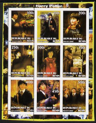 Benin 2002 Harry Potter perf sheetlet containing 9 values unmounted mint with first column only perforated. Note this item is privately produced and is offered purely on its thematic appeal, it has no postal validity, stamps on , stamps on  stamps on films, stamps on  stamps on movies, stamps on  stamps on literature, stamps on  stamps on children, stamps on  stamps on fantasy, stamps on  stamps on owls