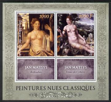 Djibouti 2014 Classical Nude Painters - Jan Matsys perf sheetlet containing two values plus two labels unmounted mint, stamps on , stamps on  stamps on arts, stamps on  stamps on nudes, stamps on  stamps on matsys