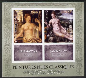 Djibouti 2014 Classical Nude Painters - Jan Matsys imperf sheetlet containing two values plus two labels unmounted mint, stamps on arts, stamps on nudes, stamps on matsys