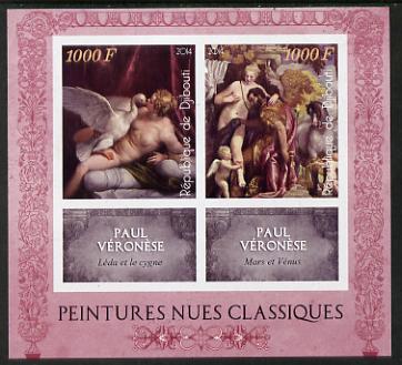 Djibouti 2014 Classical Nude Painters - Paul Veronese imperf sheetlet containing two values plus two labels unmounted mint, stamps on arts, stamps on nudes, stamps on veronese