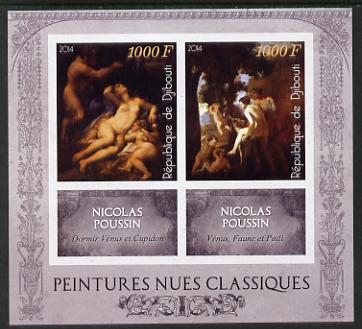 Djibouti 2014 Classical Nude Painters - Nicolas Poussin imperf sheetlet containing two values plus two labels unmounted mint, stamps on arts, stamps on nudes, stamps on poussin
