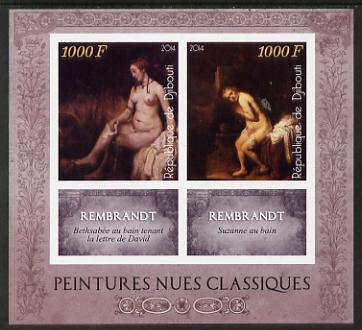 Djibouti 2014 Classical Nude Painters - Rembrandt imperf sheetlet containing two values plus two labels unmounted mint, stamps on , stamps on  stamps on arts, stamps on  stamps on nudes, stamps on  stamps on rembrandt