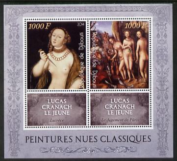 Djibouti 2014 Classical Nude Painters - Lucas Cranach perf sheetlet containing two values plus two labels unmounted mint, stamps on arts, stamps on nudes, stamps on cranach
