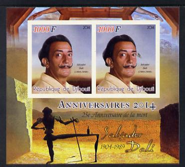 Djibouti 2014 Anniversaries - Salvador Dali imperf sheetlet containing two values unmounted mint, stamps on , stamps on  stamps on personalities, stamps on  stamps on arts, stamps on  stamps on dali