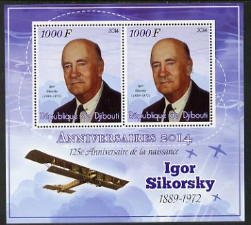 Djibouti 2014 Anniversaries - Igor Sikorsky perf sheetlet containing two values unmounted mint, stamps on , stamps on  stamps on personalities, stamps on  stamps on aviation, stamps on  stamps on sikorsky