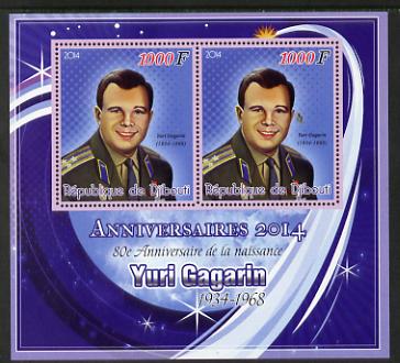 Djibouti 2014 Anniversaries - Yuri Gagarin perf sheetlet containing two values unmounted mint, stamps on , stamps on  stamps on personalities, stamps on  stamps on space, stamps on  stamps on gagarin