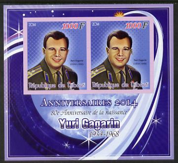 Djibouti 2014 Anniversaries - Yuri Gagarin imperf sheetlet containing two values unmounted mint, stamps on personalities, stamps on space, stamps on gagarin