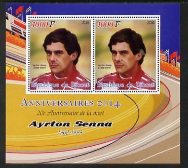 Djibouti 2014 Anniversaries - Ayrton Senna perf sheetlet containing two values unmounted mint, stamps on , stamps on  stamps on personalities, stamps on  stamps on senna, stamps on  stamps on cars, stamps on  stamps on racing cars, stamps on  stamps on  f1 , stamps on  stamps on formula 1, stamps on  stamps on 