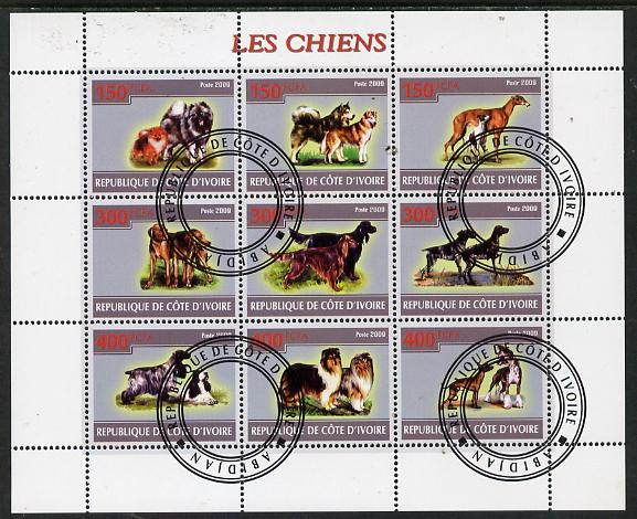 Ivory Coast 2009 Dogs perf sheetlet containing 9 values fine cto used, stamps on , stamps on  stamps on dogs