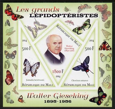 Mali 2014 Famous Lepidopterists & Butterflies - Walter Gieseking imperf sheetlet containing one diamond shaped & two triangular values unmounted mint, stamps on , stamps on  stamps on personalities, stamps on  stamps on butterflies, stamps on  stamps on shaped, stamps on  stamps on diamond, stamps on  stamps on triangles, stamps on  stamps on triangular