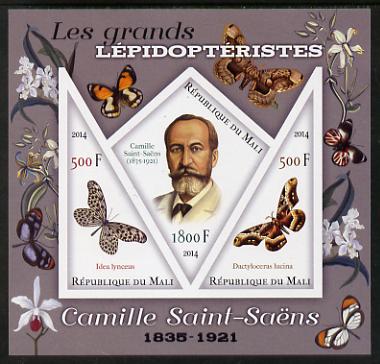 Mali 2014 Famous Lepidopterists & Butterflies - Camille Saint-Saens imperf sheetlet containing one diamond shaped & two triangular values unmounted mint, stamps on , stamps on  stamps on personalities, stamps on  stamps on butterflies, stamps on  stamps on shaped, stamps on  stamps on diamond, stamps on  stamps on triangles, stamps on  stamps on triangular, stamps on  stamps on saint saens, stamps on  stamps on composers, stamps on  stamps on music