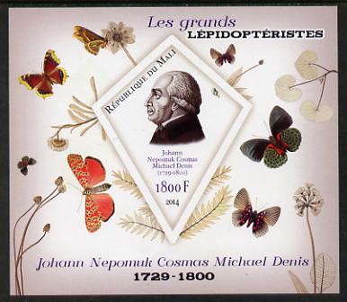 Mali 2014 Famous Lepidopterists & Butterflies - Johann Michael Denis imperf s/sheet containing one diamond shaped value unmounted mint, stamps on , stamps on  stamps on personalities, stamps on  stamps on butterflies, stamps on  stamps on shaped, stamps on  stamps on diamond, stamps on  stamps on 