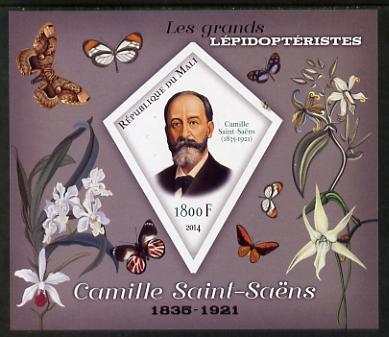 Mali 2014 Famous Lepidopterists & Butterflies - Camille Saint-Saens imperf s/sheet containing one diamond shaped value unmounted mint, stamps on , stamps on  stamps on personalities, stamps on  stamps on butterflies, stamps on  stamps on shaped, stamps on  stamps on diamond, stamps on  stamps on saint saens, stamps on  stamps on composers, stamps on  stamps on music